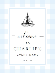 GIN-BLU-3-B2686 - GINGHAM - BLUE SAILING BOAT - WELCOME SIGN - PORTRAIT - 18" x 24": GIN-BLU-3-B2686 - GINGHAM - BLUE SAILING BOAT - WELCOME SIGN