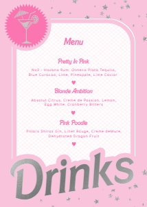 BAR-PNK-7-B2324 - BARBIE PARTY  - PINK SILVER - DRINKS MENU SIGN - 5" x 7": BAR-PNK-7-B2324 - BARBIE PARTY  - PINK SILVER - DRINKS MENU SIGN