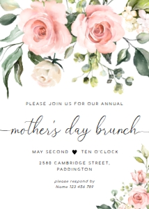 DAR-PNK-1-B1959 - DARCY FLORAL - PINK - MOTHER'S DAY BRUNCH INVITATION - 5" x 7": DAR-PNK-1-B1959 - DARCY FLORAL - PINK - MOTHER'S DAY BRUNCH INVITATION