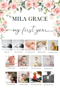 DAR-PNK-7-B1963 - DARCY FLORAL - PINK - PHOTO TIMELINE SIGN - 13 PHOTOS - 24" x 36": DAR-PNK-7-B1963 - DARCY FLORAL - PINK - PHOTO TIMELINE SIGN