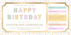 DOT-PBM-14-B3329 - DOT - PASTEL BLUE MULTI - BIRTHDAY GIFT CERTIFICATE - 4" x 8": DOT-PBM-14-B3329 - DOT - PASTEL BLUE MULTI - BIRTHDAY GIFT CERTIFICATE