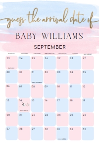 WAT-PNB-10-B1602 - WATERCOLOUR PINK BLUE - GOLD - GUESS THE ARRIVAL DATE SIGN - 24" x 36": WAT-PNB-10-B1602 - WATERCOLOUR PINK BLUE - GOLD - GUESS THE ARRIVAL DATE SIGN