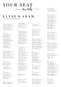 LEY-WHT-4-B2074 - LEYTON SCRIPT - WHITE - SEATING CHART - ALPHABETICAL - PORTRAIT - A1: LEY-WHT-4-B2074 - LEYTON SCRIPT - WHITE - SEATING CHART - ALPHABETICAL