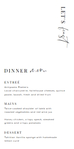 EST-WHT-12-B2111 - ESTELLE - WHITE - MENU - 4" x 8": EST-WHT-12-B2111 - ESTELLE - WHITE - MENU