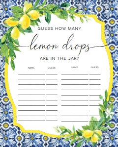 POS-BLY-10-B1329 - POSITANO BLUE TILE - LEMONS - GUESS HOW MANY CARD - 8" x 10": POS-BLY-10-B2115 - POSITANO BLUE TILE - LEMONS - HOW MANY LEMON DROPS SIGN AND CARD BUNDLE