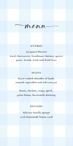 GIN-BLU-12-B2116 - GINGHAM - BLUE - MENU - 4" x 8": GIN-BLU-12-B2116 - GINGHAM - BLUE - MENU