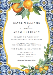 POS-BLO-1-B356 - POSITANO BLUE TILE - ORANGES - WEDDING INVITATION - A6: POS-BLO-1-B359 - POSITANO BLUE TILE - ORANGES - WEDDING INVITATION SUITE