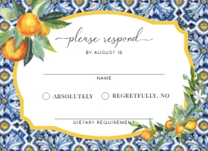 POS-BLO-2-B358 - POSITANO BLUE TILE - ORANGES - RSVP CARD - 4" x 5.5": POS-BLO-1-B359 - POSITANO BLUE TILE - ORANGES - WEDDING INVITATION SUITE