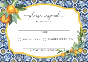 POS-BLO-2-B358 - POSITANO BLUE TILE - ORANGES - RSVP CARD - A7: POS-BLO-1-B359 - POSITANO BLUE TILE - ORANGES - WEDDING INVITATION SUITE