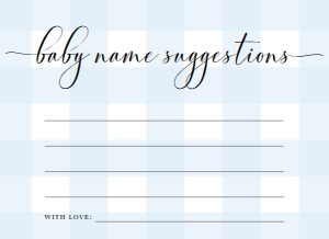 GIN-BLU-10-B2168 - GINGHAM - BLUE - BABY NAME SUGGESTIONS CARD - 4" x 5.5": GIN-BLU-7-B2333 - GINGHAM - BLUE - BABY NAME SUGGESTIONS SIGN AND CARD