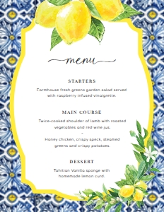 POS-BLY-12-B024 - POSITANO BLUE TILE - LEMONS - MENU - 8.5" x 11": POS-BLY-12-B024 - POSITANO BLUE TILE - LEMONS - MENU