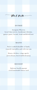 GIN-BLU-12-B2116 - GINGHAM - BLUE - MENU - 4.5" x 11": GIN-BLU-12-B2116 - GINGHAM - BLUE - MENU