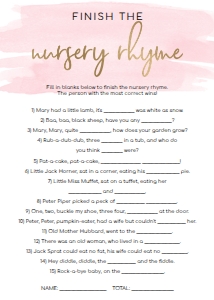 WAT-PNK-10-B010 - WATERCOLOUR PINK - BABY SHOWER GAME - NURSERY RHYME - 5" x 7": WAT-PNK-10-B598 - WATERCOLOUR PINK - GOLD - BABY SHOWER GAME BUNDLE