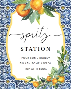 POS-BLO-7-B2176 - POSITANO BLUE TILE - ORANGE - SPRITZ STATION SIGN - 8" x 10": POS-BLO-7-B2176 - POSITANO BLUE TILE - ORANGE - SPRITZ STATION SIGN