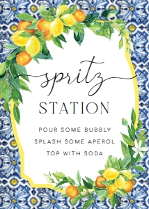 POS-BOL-7-B2176 - POSITANO BLUE TILE - ORANGE LEMON - SPRITZ STATION SIGN - 5" x 7": POS-BOL-7-B2176 - POSITANO BLUE TILE - ORANGE LEMON - SPRITZ STATION SIGN