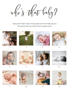 LUC-WHT-10-B1626 - LUCAS SCRIPT - WHITE - WHO'S THAT BABY PHOTO GAME - 12 PHOTOS  - 18" x 24": LUC-WHT-10-B1626 - LUCAS SCRIPT - WHITE - WHO'S THAT BABY PHOTO GAME