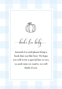 GIN-BLU-2-B2194 - GINGHAM - BLUE PUMPKIN - BOOKS FOR BABY CARD - 3.5" x 5": GIN-BLU-1-B2195 - GINGHAM - BLUE PUMPKIN - BABY SHOWER INVITATION SUITE