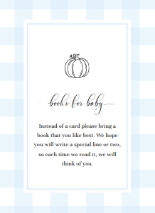 GIN-BLU-2-B2194 - GINGHAM - BLUE PUMPKIN - BOOKS FOR BABY CARD - 4" x 5.5": GIN-BLU-1-B2195 - GINGHAM - BLUE PUMPKIN - BABY SHOWER INVITATION SUITE