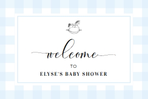 GIN-BLU-3-B2198 - GINGHAM - BLUE ROCKING HORSE - WELCOME SIGN - LANDSCAPE - 24" x 36": GIN-BLU-3-B2198 - GINGHAM - BLUE ROCKING HORSE - WELCOME SIGN