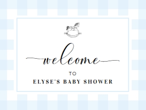 GIN-BLU-3-B2198 - GINGHAM - BLUE ROCKING HORSE - WELCOME SIGN - LANDSCAPE - 18" x 24": GIN-BLU-3-B2198 - GINGHAM - BLUE ROCKING HORSE - WELCOME SIGN