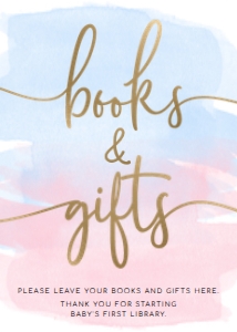 WAT-PNB-7-B362 - WATERCOLOUR PINK BLUE - GOLD - BOOKS AND GIFTS SIGN - 5" x 7": WAT-PNB-7-B362 - WATERCOLOUR PINK BLUE - GOLD - BOOKS AND GIFTS SIGN