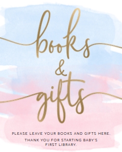WAT-PNB-7-B362 - WATERCOLOUR PINK BLUE - GOLD - BOOKS AND GIFTS SIGN - 8" x 10": WAT-PNB-7-B362 - WATERCOLOUR PINK BLUE - GOLD - BOOKS AND GIFTS SIGN