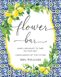 POS-BLY-7-B2221 - POSITANO BLUE TILE - LEMONS - FLOWER BAR SIGN - 8" x 10": POS-BLY-7-B2221 - POSITANO BLUE TILE - LEMONS - FLOWER BAR SIGN