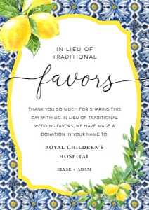 POS-BLY-7-B2259 - POSITANO BLUE TILE - LEMONS - IN LIEU OF FAVOURS SIGN - A4: POS-BLY-7-B2259 - POSITANO BLUE TILE - LEMONS - IN LIEU OF FAVOURS SIGN