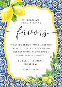 POS-BLY-7-B2259 - POSITANO BLUE TILE - LEMONS - IN LIEU OF FAVOURS SIGN - 5" x 7": POS-BLY-7-B2259 - POSITANO BLUE TILE - LEMONS - IN LIEU OF FAVOURS SIGN
