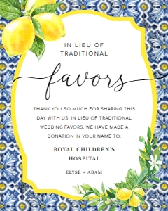 POS-BLY-7-B2259 - POSITANO BLUE TILE - LEMONS - IN LIEU OF FAVOURS SIGN - 8" x 10": POS-BLY-7-B2259 - POSITANO BLUE TILE - LEMONS - IN LIEU OF FAVOURS SIGN