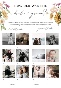 MEW-WHT-10-B2261 - MEWS FLORAL - WHITE - HOW OLD WAS THE BRIDE AND GROOM PHOTO GAME - A5: MEW-WHT-10-B2261 - MEWS FLORAL - WHITE - HOW OLD WAS THE BRIDE AND GROOM PHOTO GAME