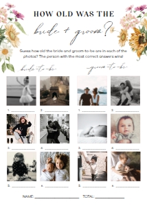 MEW-WHT-10-B2261 - MEWS FLORAL - WHITE - HOW OLD WAS THE BRIDE AND GROOM PHOTO GAME - 5" x 7": MEW-WHT-10-B2261 - MEWS FLORAL - WHITE - HOW OLD WAS THE BRIDE AND GROOM PHOTO GAME