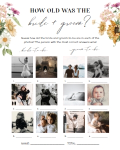 MEW-WHT-10-B2261 - MEWS FLORAL - WHITE - HOW OLD WAS THE BRIDE AND GROOM PHOTO GAME - 8" x 10": MEW-WHT-10-B2261 - MEWS FLORAL - WHITE - HOW OLD WAS THE BRIDE AND GROOM PHOTO GAME