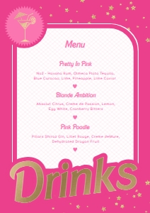 BAR-HPK-7-B1546 - BARBIE - HOT PINK GOLD - DRINKS MENU SIGN - A4: BAR-HPK-7-B1546 - BARBIE - HOT PINK GOLD - DRINKS MENU SIGN
