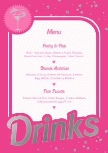 BAR-HPK-7-B2324 - BARBIE PARTY - HOT PINK SILVER - DRINKS MENU SIGN - A4: BAR-HPK-7-B2324 - BARBIE PARTY - HOT PINK SILVER - DRINKS MENU SIGN