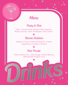 BAR-HPK-7-B2324 - BARBIE PARTY - HOT PINK SILVER - DRINKS MENU SIGN - 8" x 10": BAR-HPK-7-B2324 - BARBIE PARTY - HOT PINK SILVER - DRINKS MENU SIGN