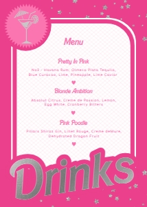 BAR-HPK-7-B2324 - BARBIE PARTY - HOT PINK SILVER - DRINKS MENU SIGN - 5" x 7": BAR-HPK-7-B2324 - BARBIE PARTY - HOT PINK SILVER - DRINKS MENU SIGN