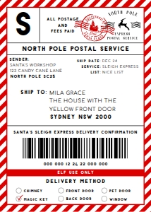 SAW-RDW-6-B2329 - SANTAS WORKSHOP - RED WHITE - SHIPPING LABEL - 5" x 7": SAW-RDW-6-B2329 - SANTAS WORKSHOP - RED WHITE - SHIPPING LABEL
