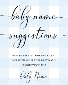 GIN-BLU-7-B2333 - GINGHAM - BLUE - BABY NAME SUGGESTIONS SIGN - 8" x 10": GIN-BLU-7-B2333 - GINGHAM - BLUE - BABY NAME SUGGESTIONS SIGN AND CARD
