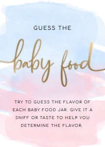 WAT-PNB-7-B2336 - WATERCOLOUR PINK BLUE - GOLD - BABY FOOD GAME SIGN - 5" x 7": WAT-PNB-10-B911 - WATERCOLOUR PINK BLUE - GOLD - GUESS THE BABY FOOD GAME