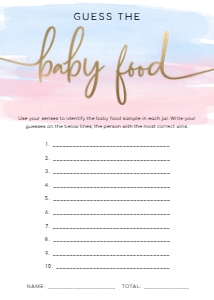WAT-PNB-10-B911 - WATERCOLOUR PINK BLUE - GOLD - GUESS THE BABY FOOD GAME - 5" x 7": WAT-PNB-10-B911 - WATERCOLOUR PINK BLUE - GOLD - GUESS THE BABY FOOD GAME
