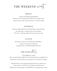 EST-WHT-2-B2350 - ESTELLE - WHITE - ITINERARY CARD - 8" x 10": EST-WHT-2-B2350 - ESTELLE - WHITE - ITINERARY CARD