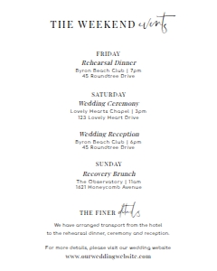 EST-WHT-2-B2351 - ESTELLE - WHITE - WEDDING ITINERARY CARD - 8" x 10": EST-WHT-2-B2351 - ESTELLE - WHITE - WEDDING ITINERARY CARD