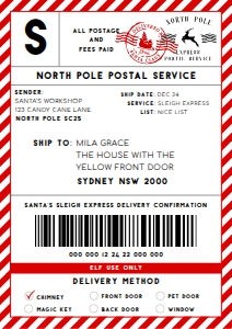 SAW-RDW-6-B2329 - SANTAS WORKSHOP - RED WHITE - SHIPPING LABEL - A4: SAW-RDW-6-B2329 - SANTAS WORKSHOP - RED WHITE - SHIPPING LABEL