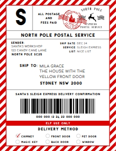 SAW-RDW-6-B2329 - SANTAS WORKSHOP - RED WHITE - SHIPPING LABEL - 8.5" x 11": SAW-RDW-6-B2329 - SANTAS WORKSHOP - RED WHITE - SHIPPING LABEL