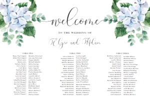 FER-BLU-4-B2386 - FERRAS BLOSSOM - BLUE - SEATING CHART 3 BANQUET TABLES - 24" x 36": FER-BLU-4-B2386 - FERRAS BLOSSOM - BLUE - SEATING CHART 3 BANQUET TABLES