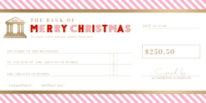 STR-RPK-14-B2385 - STRIPE - RED PINK - CHRISTMAS CHEQUE CERTIFICATE - 4" x 8": STR-RPK-14-B2385 - STRIPE - RED PINK - CHRISTMAS CHEQUE CERTIFICATE