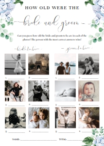 FER-BLU-10-B1588 - FERRAS BLOSSOM - BLUE - HOW OLD WERE THE BRIDE AND GROOM PHOTO GAME - 5" x 7": FER-BLU-10-B2472 - FERRAS BLOSSOM - BLUE - BRIDAL SHOWER GAMES BUNDLE