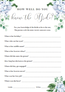 FER-BLU-10-B2466 - FERRAS BLOSSOM - BLUE - KNOW THE BRIDE GAME - 5" x 7": FER-BLU-10-B2472 - FERRAS BLOSSOM - BLUE - BRIDAL SHOWER GAMES BUNDLE