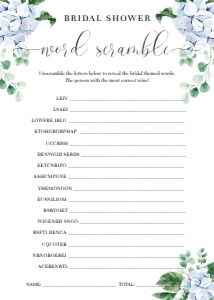 FER-BLU-10-B2468 - FERRAS BLOSSOM - BLUE - BRIDAL WORD SCRAMBLE GAME - 5" x 7": FER-BLU-10-B2472 - FERRAS BLOSSOM - BLUE - BRIDAL SHOWER GAMES BUNDLE